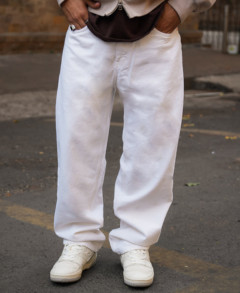 White Denim Solid Baggy Fit Jeans – Powerlook - Main Image