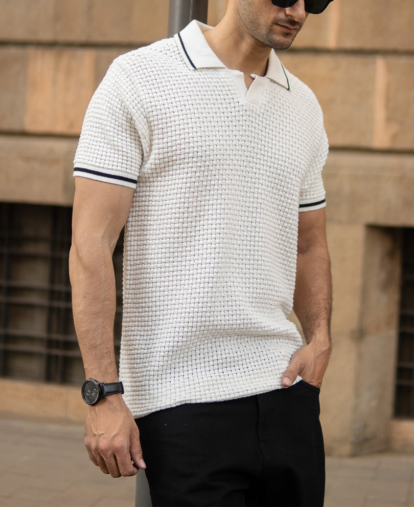 White Structured Knit T-Shirt