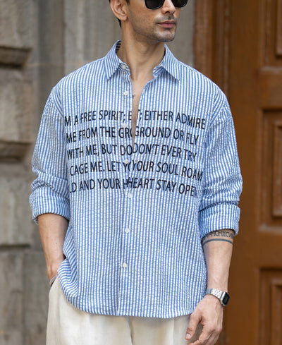 Blue Seersucker Printed Shirt 100% Cotton