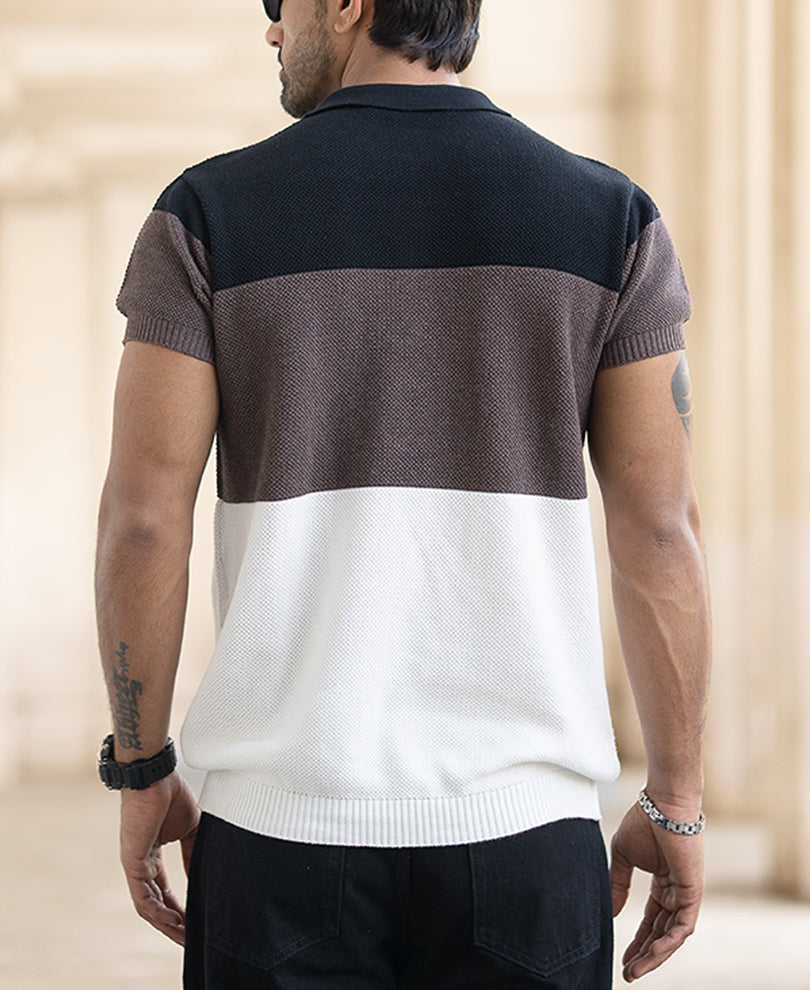 Colour Blocked Zipper Polo T-Shirt