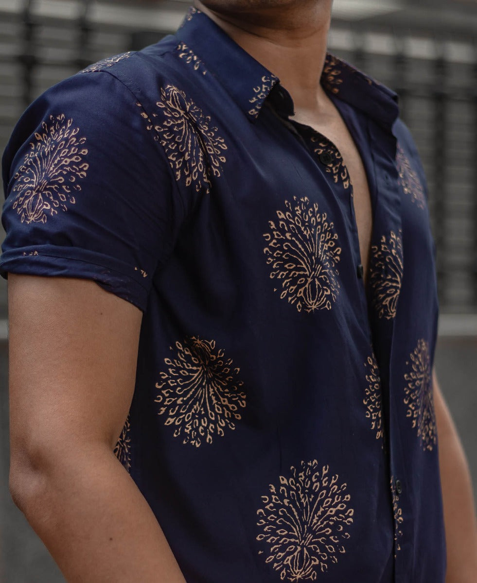 Urban Navy Blue Printed Half Sleeves Shirt