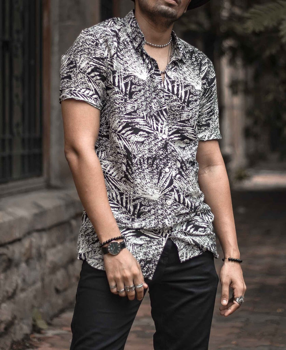 Black and White Leaves Printed Half Sleeves Shirt