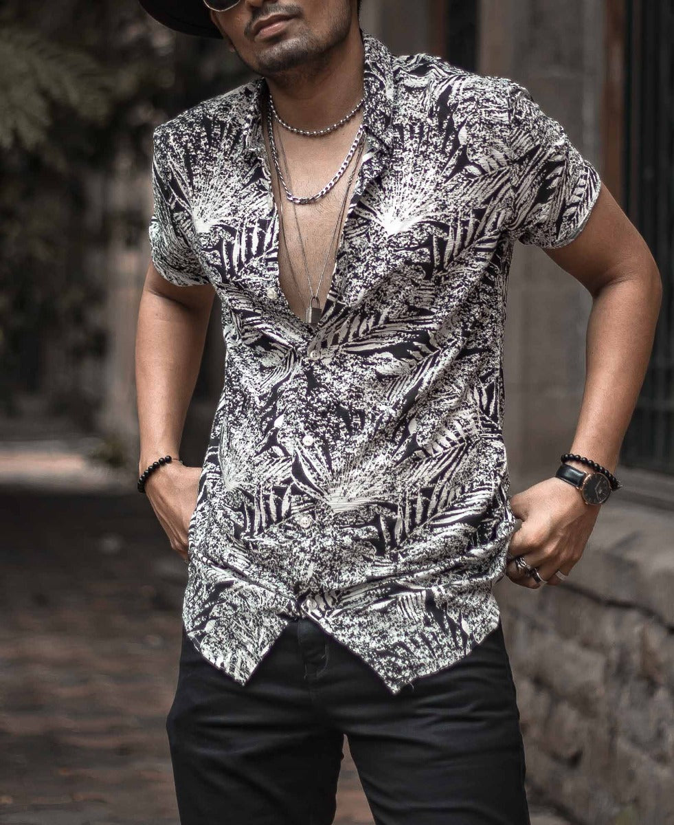 Black and White Leaves Printed Half Sleeves Shirt