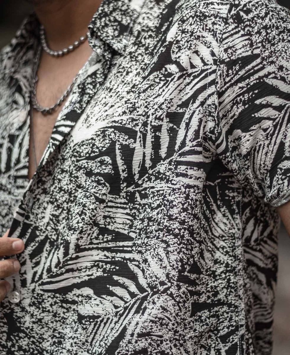 Black and White Leaves Printed Half Sleeves Shirt