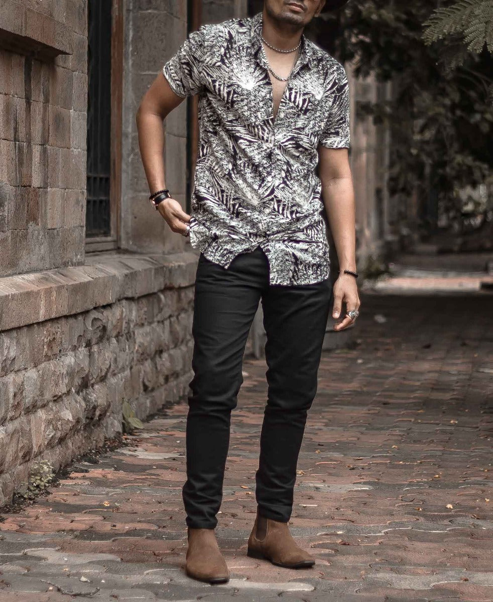 Black and White Leaves Printed Half Sleeves Shirt