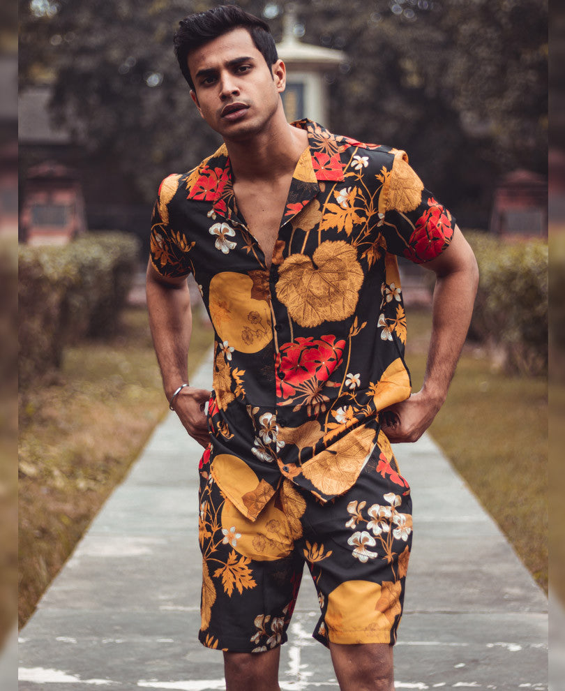 Black With Golden Flower Print Shirt and Shorts Set
