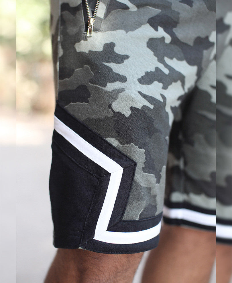 Olive Green With Side Zip Camouflage Shorts
