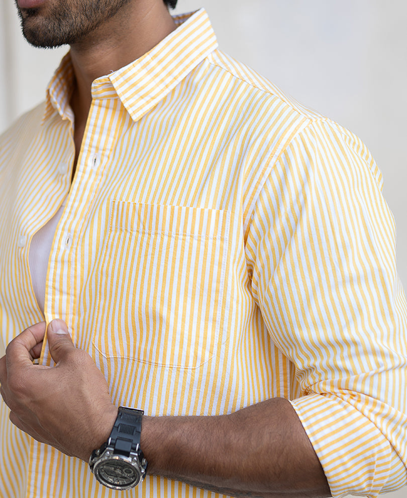 Yellow And White Stripes Regular Fit Full Sleeves Shirt