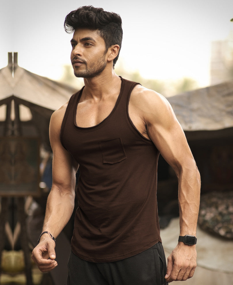 Mens Dark Brown Plain Pocket Vest