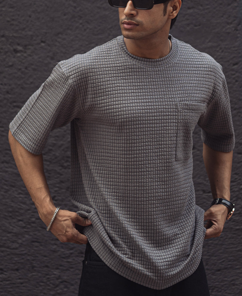 Grey Structured Oversized Fit Half Sleeves T Shirt