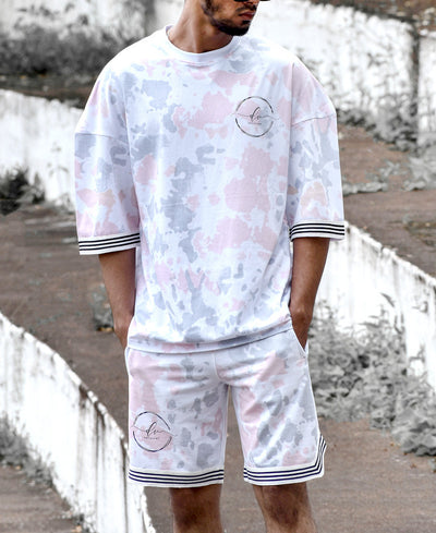 White and Pink Stripe Tie-Dye Oversize Drop Shoulder Shorts Set