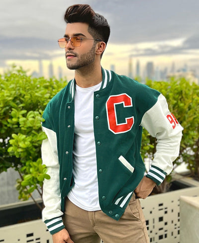 Bottle Green Varsity Baseball Oversize Drop Shoulder Jacket