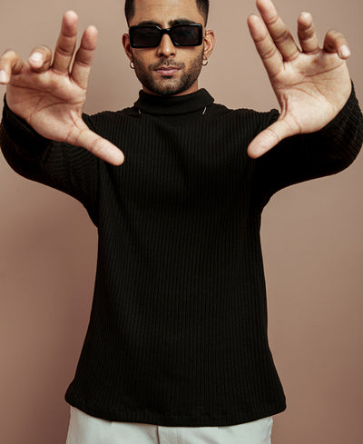 Black Turtle Neck Full Sleeves T Shirt