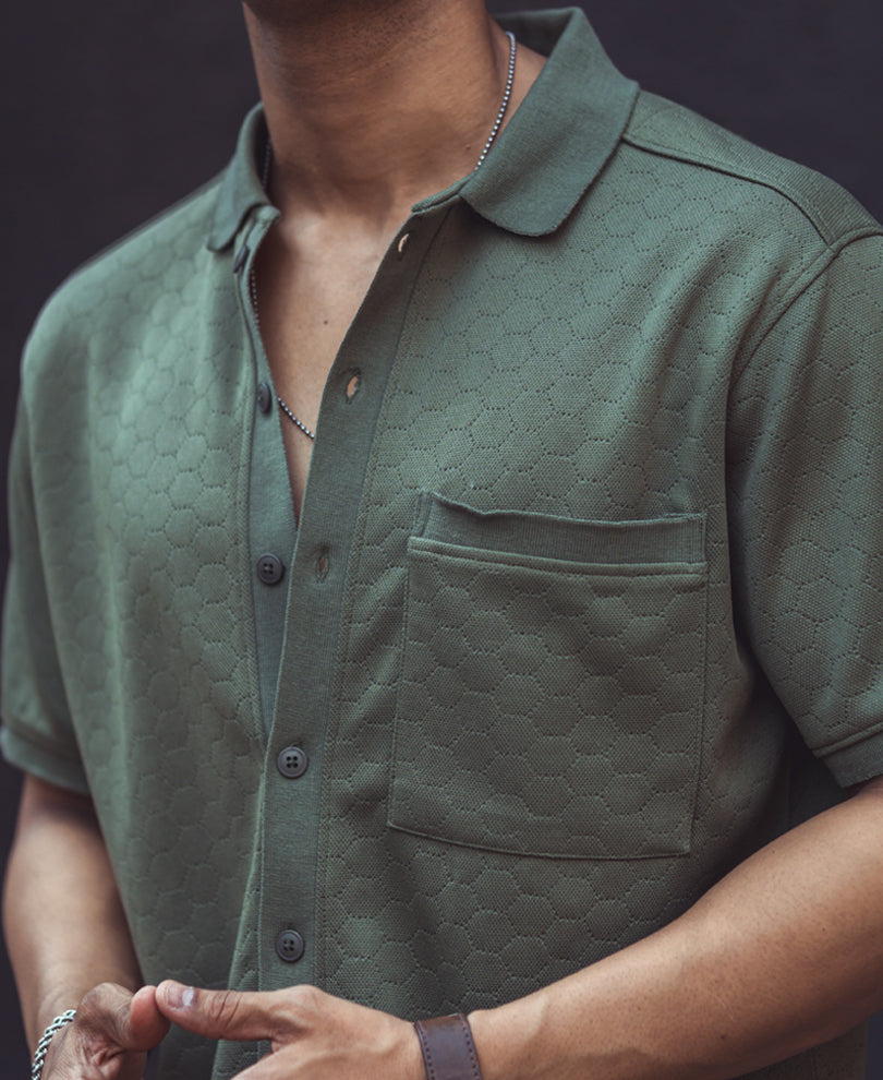Olive Green Structured Regular Fit Half Sleeves Shirt