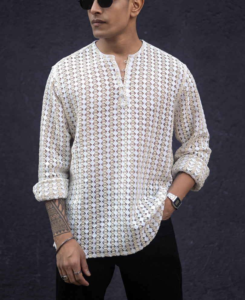 Off White and Cream Crochet Kurta Style Shirt