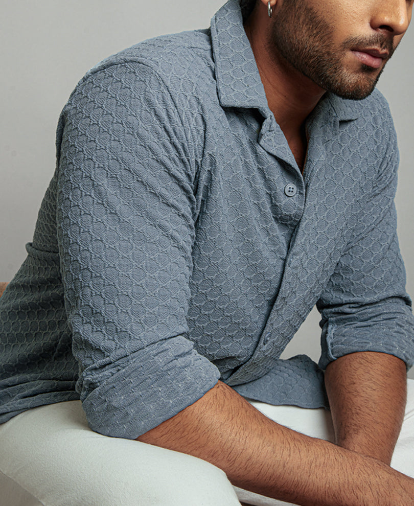 Grey Structured Regular Fit Full Sleeves Shirt