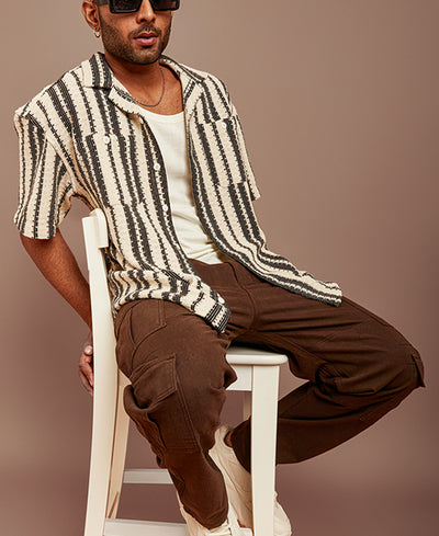 Black and Off White Crochet Striped Oversized Shirt