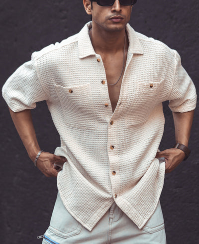 Off White Structured Oversized Half Sleeves Shirt