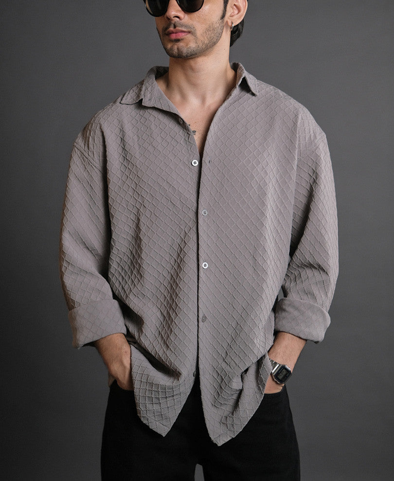 Grey Structured Oversized Full Sleeves Shirt
