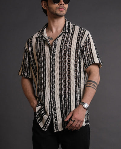 Black and White Crochet Knit Striped Half Sleeves Shirt