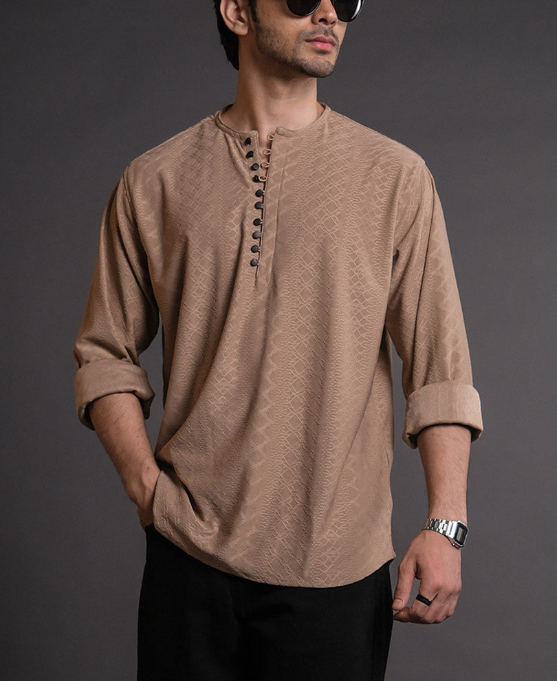 Camel Structured Kurta Style Full Sleeves Shirt