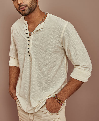 Cream Structured Kurta Style Regular Fit Full Sleeves Shirt
