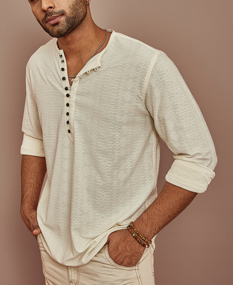 Cream Structured Kurta Style Regular Fit Full Sleeves Shirt