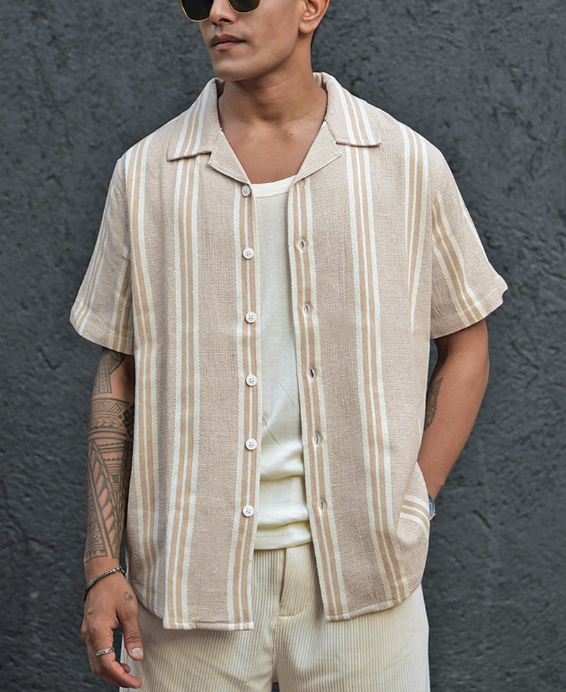 Light Beige Structured Striped Regular Half Sleeves Shirt