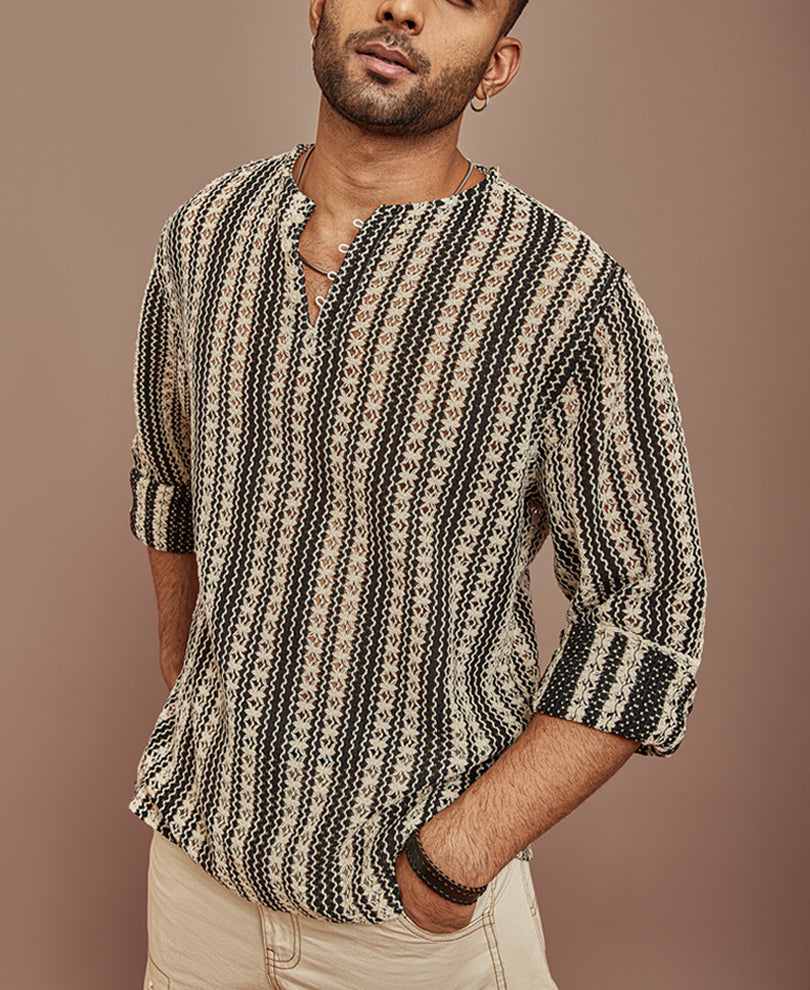 Black and White Crochet Striped Kurta Style Full Sleeves Shirt