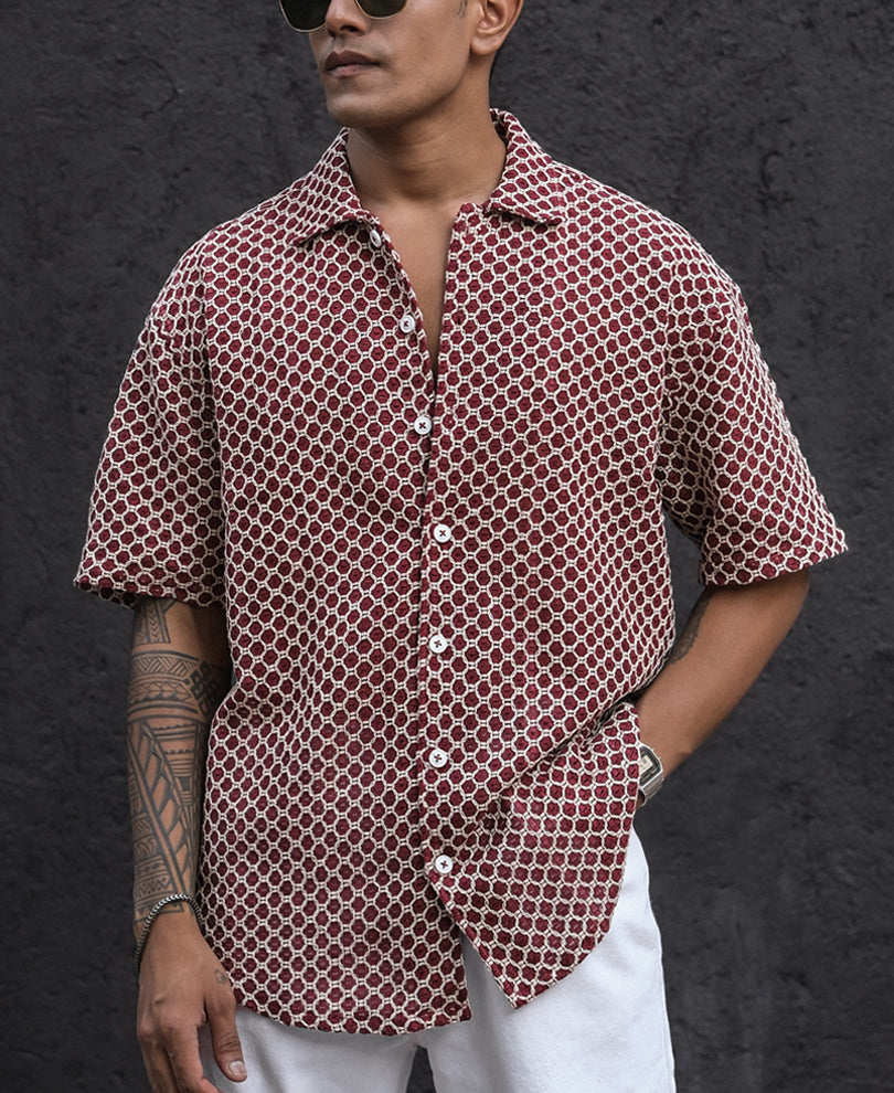 Maroon Structured Oversized Half Sleeves Shirt