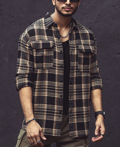 Multicolor Checks Double Pockets Oversize Drop Shoulder Shirt
