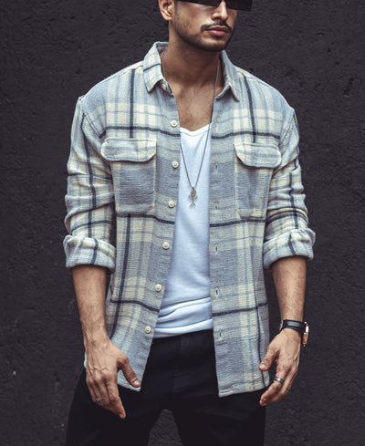 Light Grey Structured Checks Shacket Oversize Drop Shoulder Shirt