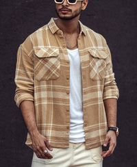 Beige and White Checks Oversize Drop Shoulder Shirt