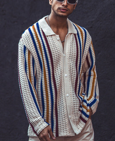 Multicolor Crochet Knit Striped Oversized Shirts