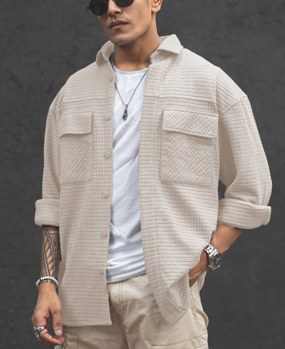 Cream Structured Knit Oversized Shirt