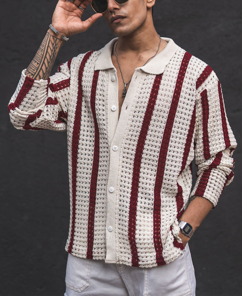 Off White and Maroon Striped Crochet Knit Oversized Shirt