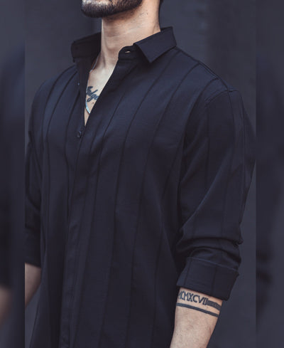 Black Dobby Striped Full Sleeves Shirt