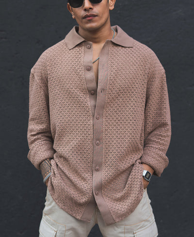 Brown Crochet Full Sleeves Oversized Shirt