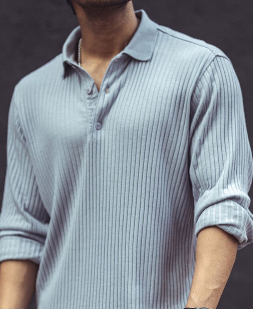 Light Grey Rib-Knit Full Sleeves T-Shirt