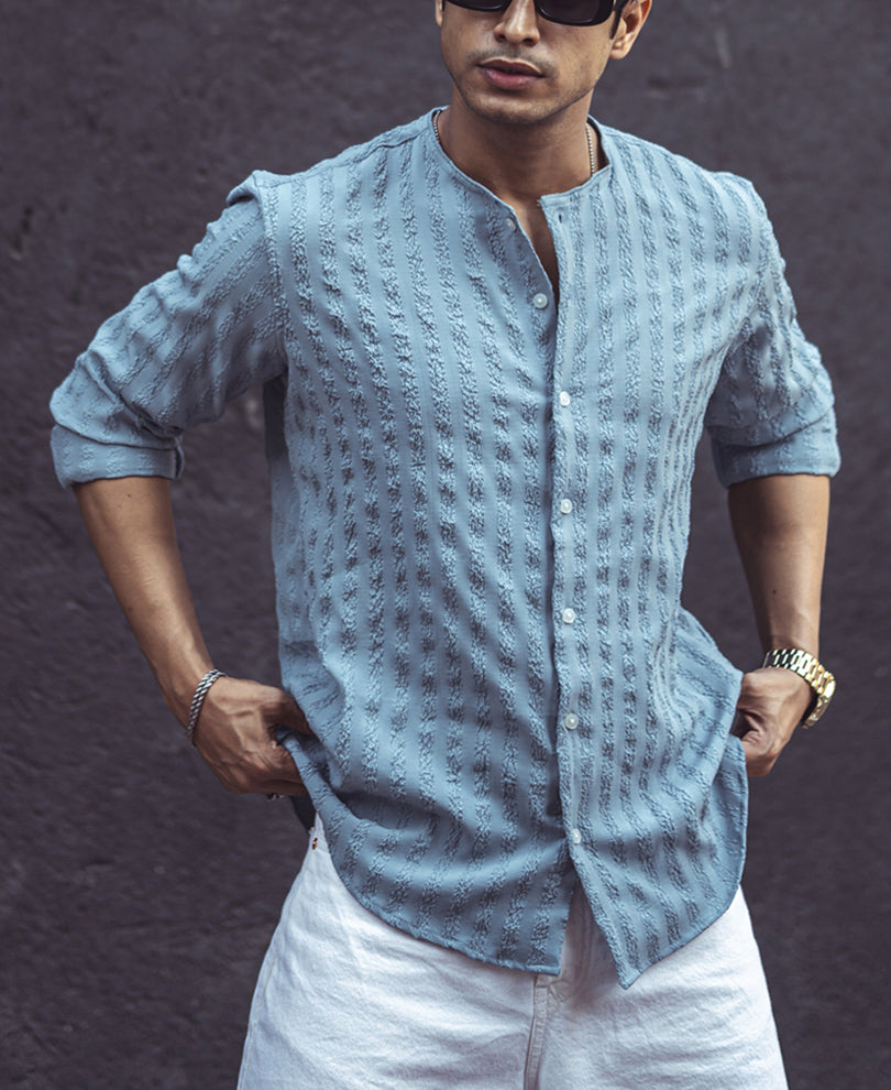 Grey Structured Striped Full Sleeves Shirt