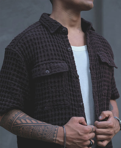 Dark Brown Structured Puff Waffle Half Sleeves Shirt