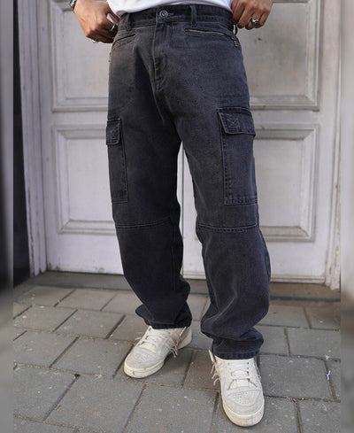 Black Denim Cargo Pocket Baggy Fit Jeans