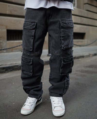 Black Denim Cargo Pocket Baggy Fit Jeans