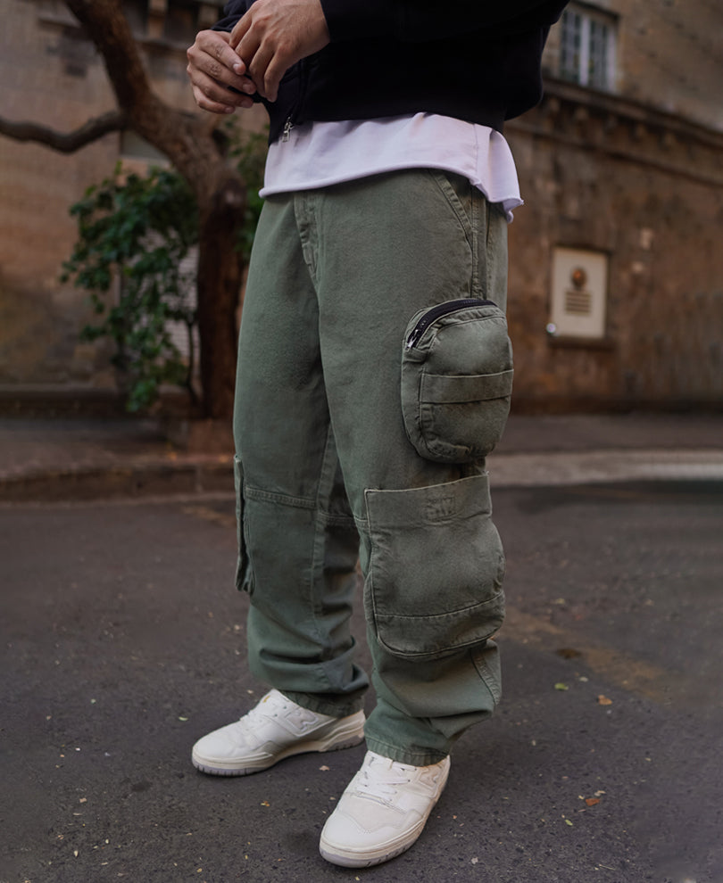 Dark Green Denim Cargo Pocket Baggy Fit Jeans