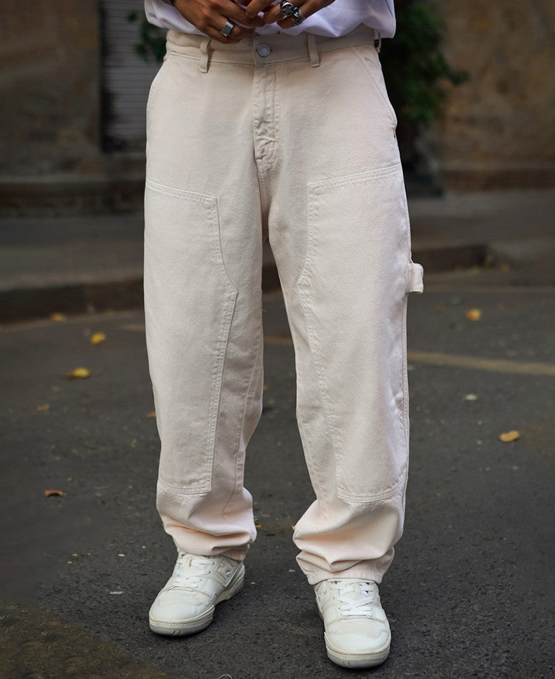 Cream Baggy Fit Denim Jeans