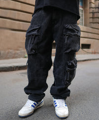 Black Denim Utility Cargo Baggy Fit Jeans