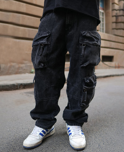 Black Denim Utility Cargo Baggy Fit Jeans