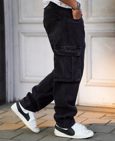Dusty Black Baggy Fit Side Pocket Cargo Jeans