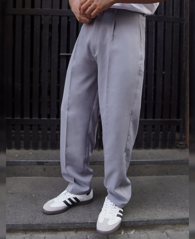 Grey Relaxed Fit Formal Pleated Pant
