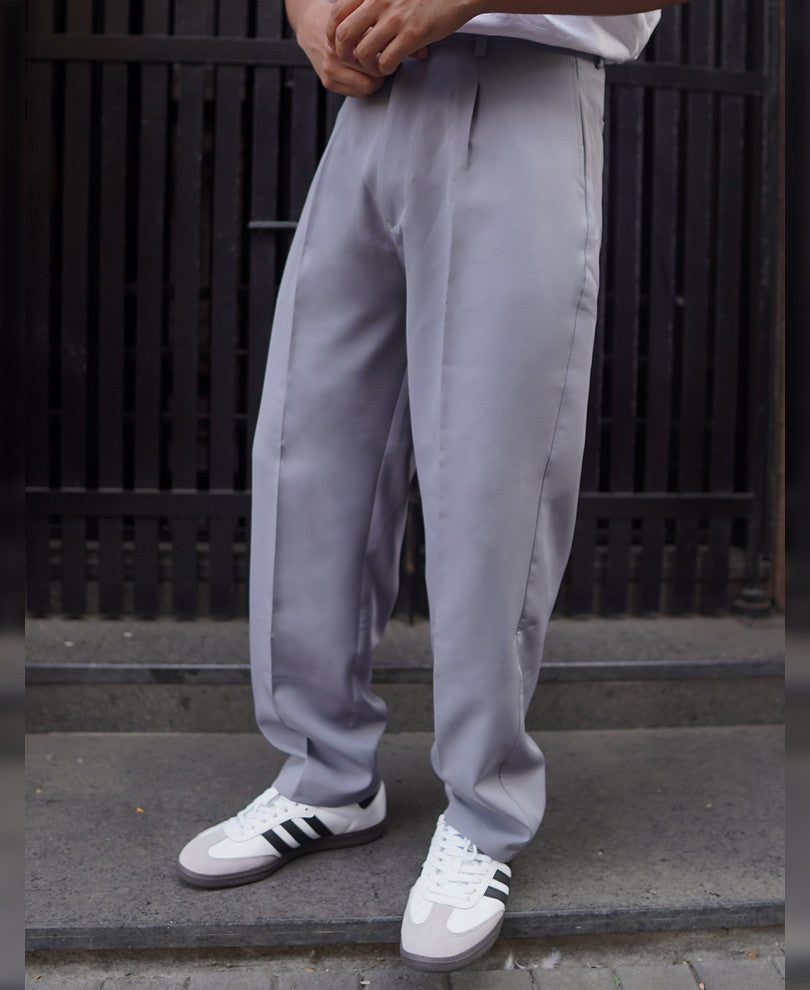 Grey Relaxed Fit Formal Pleated Pant